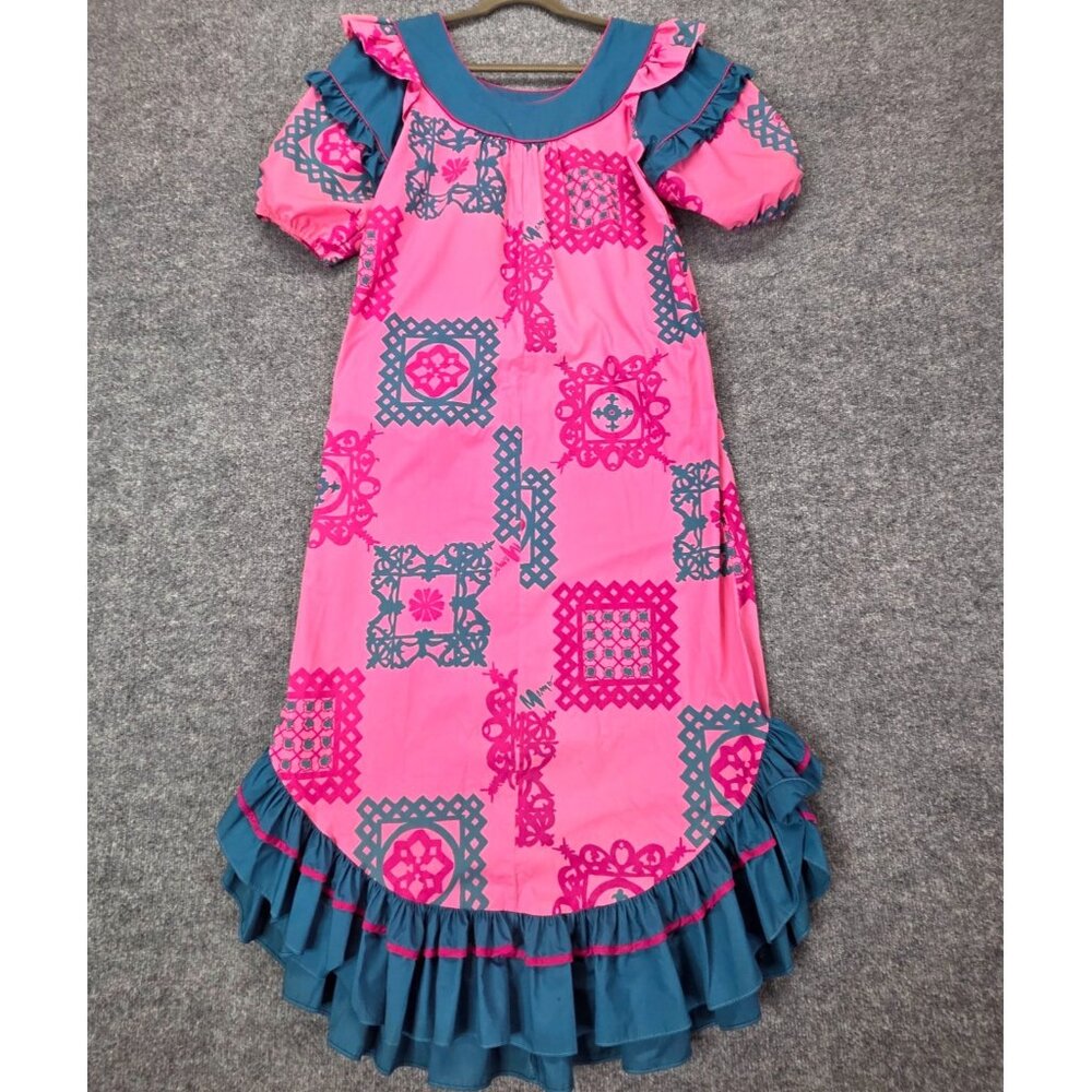 Vintage MAMO HOWELL Hawaiian Aloha Tropical Maxi Muumuu Dress Ruffles Pockets 12